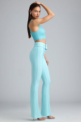 Petite Metallic Belted Mid-Rise Flared Trousers in Ice Blue