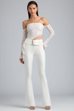 Tall Metallic Belted Mid-Rise Flared Trousers in Ivory