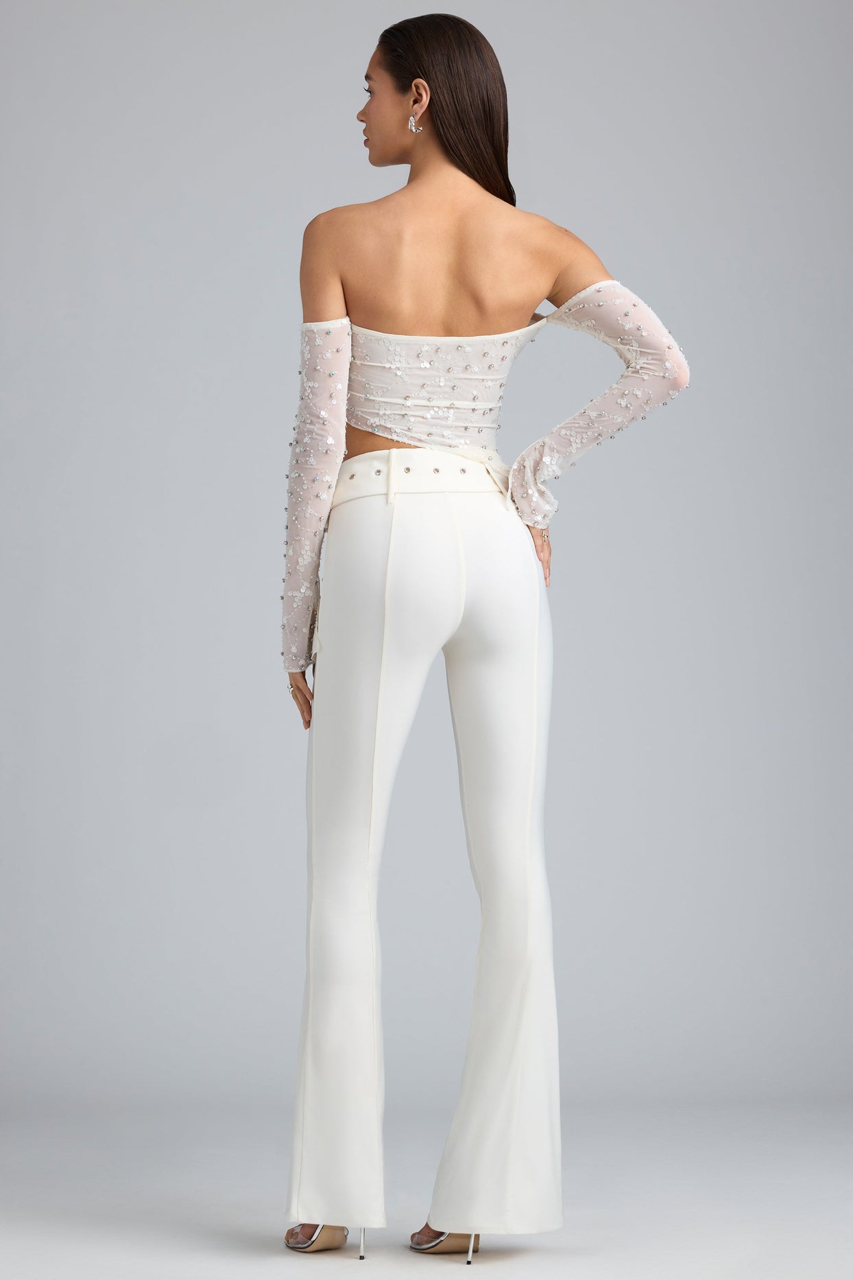 Tall Metallic Belted Mid-Rise Flared Trousers in Ivory