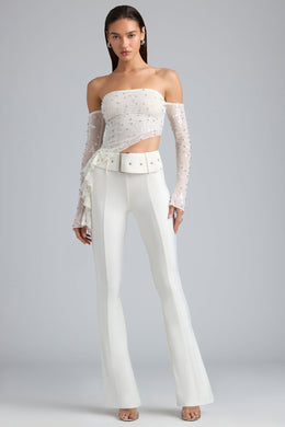 Tall Metallic Belted Mid-Rise Flared Trousers in Ivory