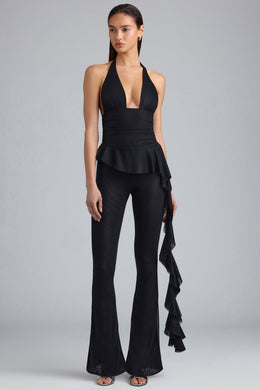 Tall Metallic Ruffle Low-Rise Flared Trousers in Black