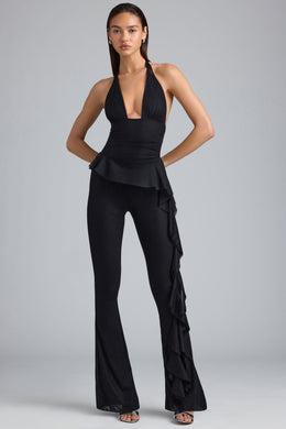 Tall Metallic Ruffle Low-Rise Flared Trousers in Black