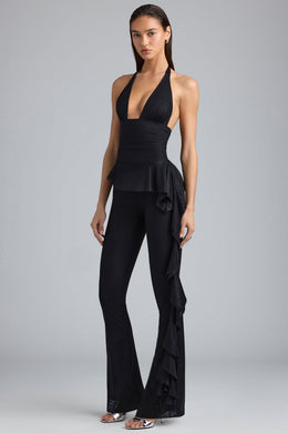 Tall Metallic Ruffle Low-Rise Flared Trousers in Black