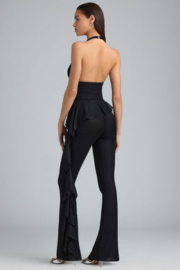 Petite Metallic Ruffle Low-Rise Flared Trousers in Black