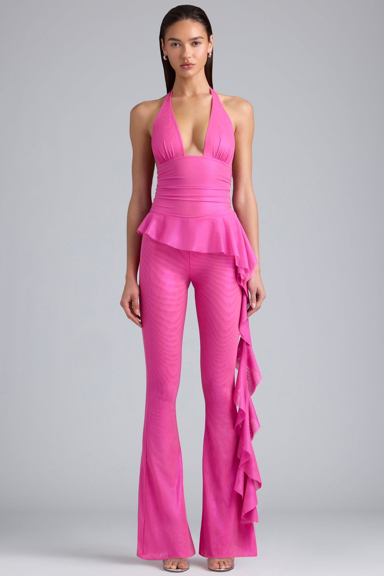 Tall Metallic Ruffle Low-Rise Flared Trousers in Bubblegum Pink