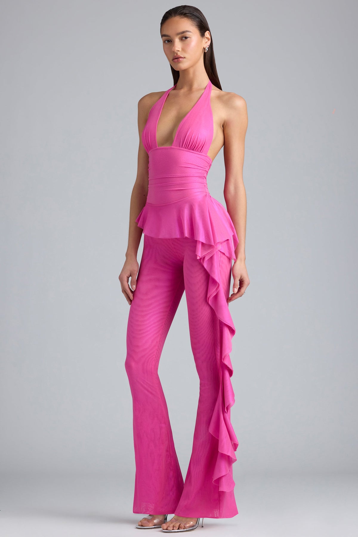 ⁣⁢بنطلون واسع منخفض الخصر مزين بكشكشة معدنية بلون Bubblegum Pink⁤⁣