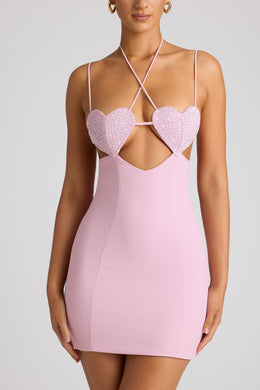 Embellished Heart Cup Detail Mini Dress in Soft Pink