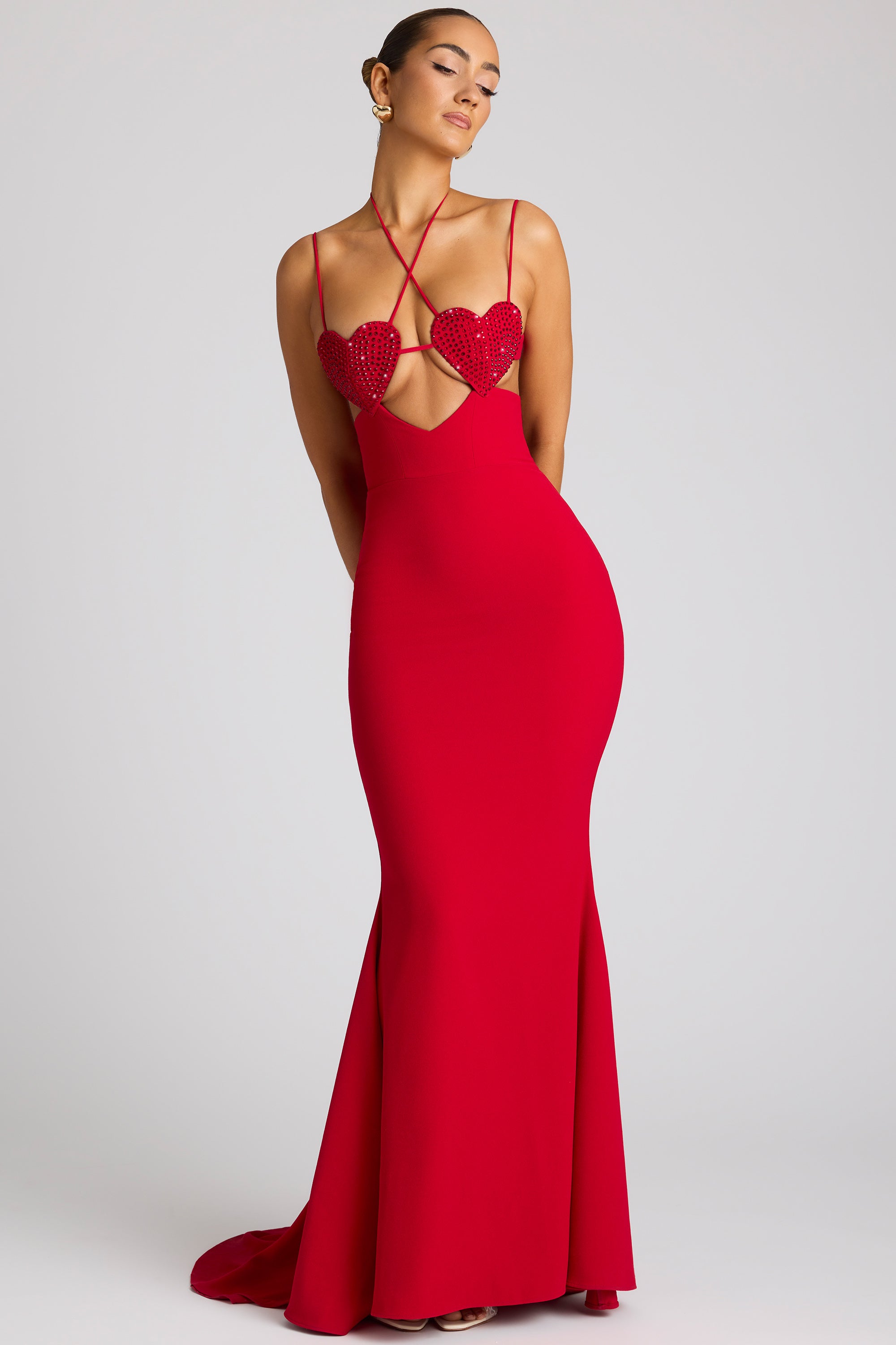 Serena Embellished Heart Cup Detail Evening Gown in Fire Red