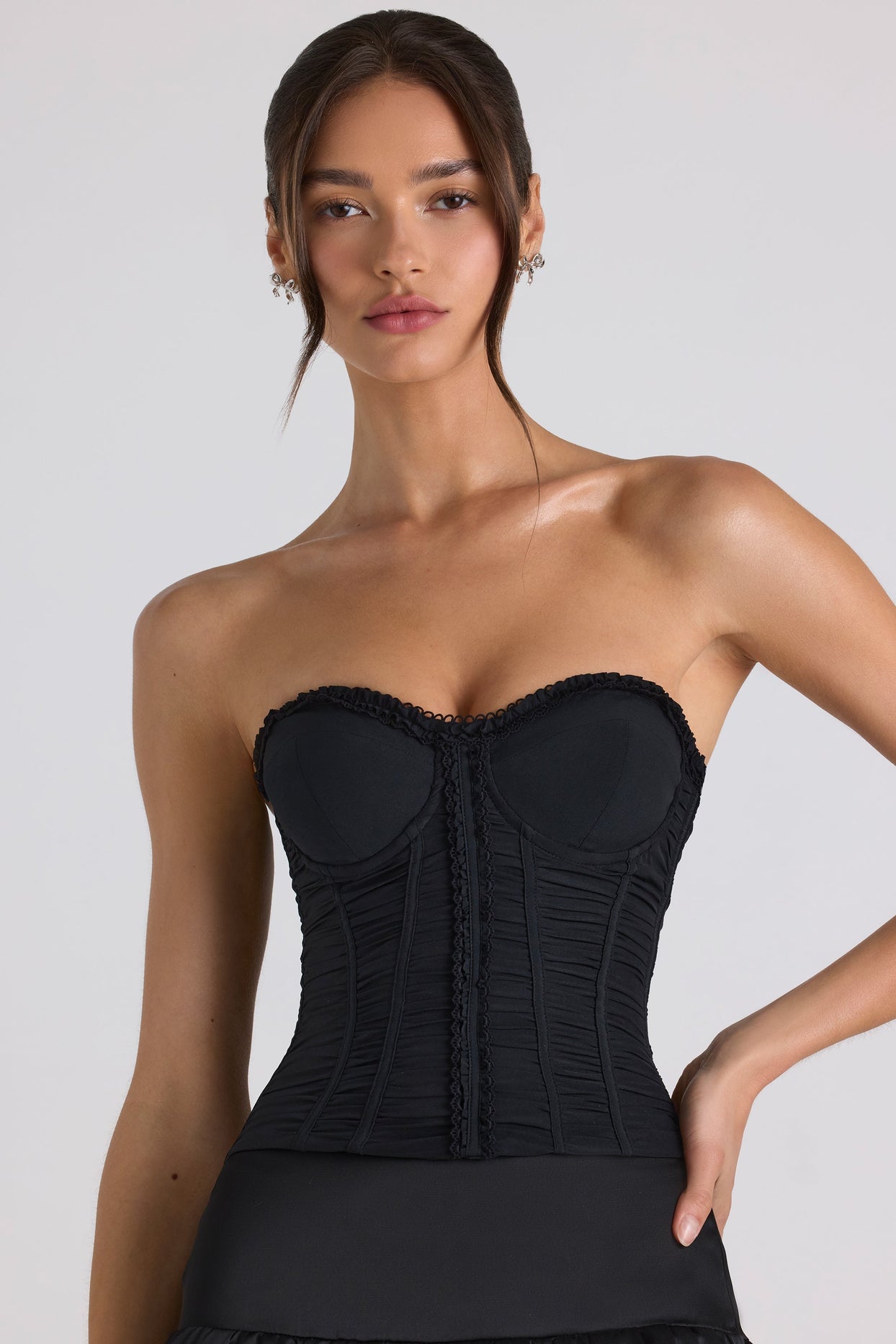 Ruched Lace-Up Strapless Corset Top in Black1