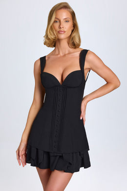 Ruffle-Trim Button-Detail Corset Mini Dress in Black