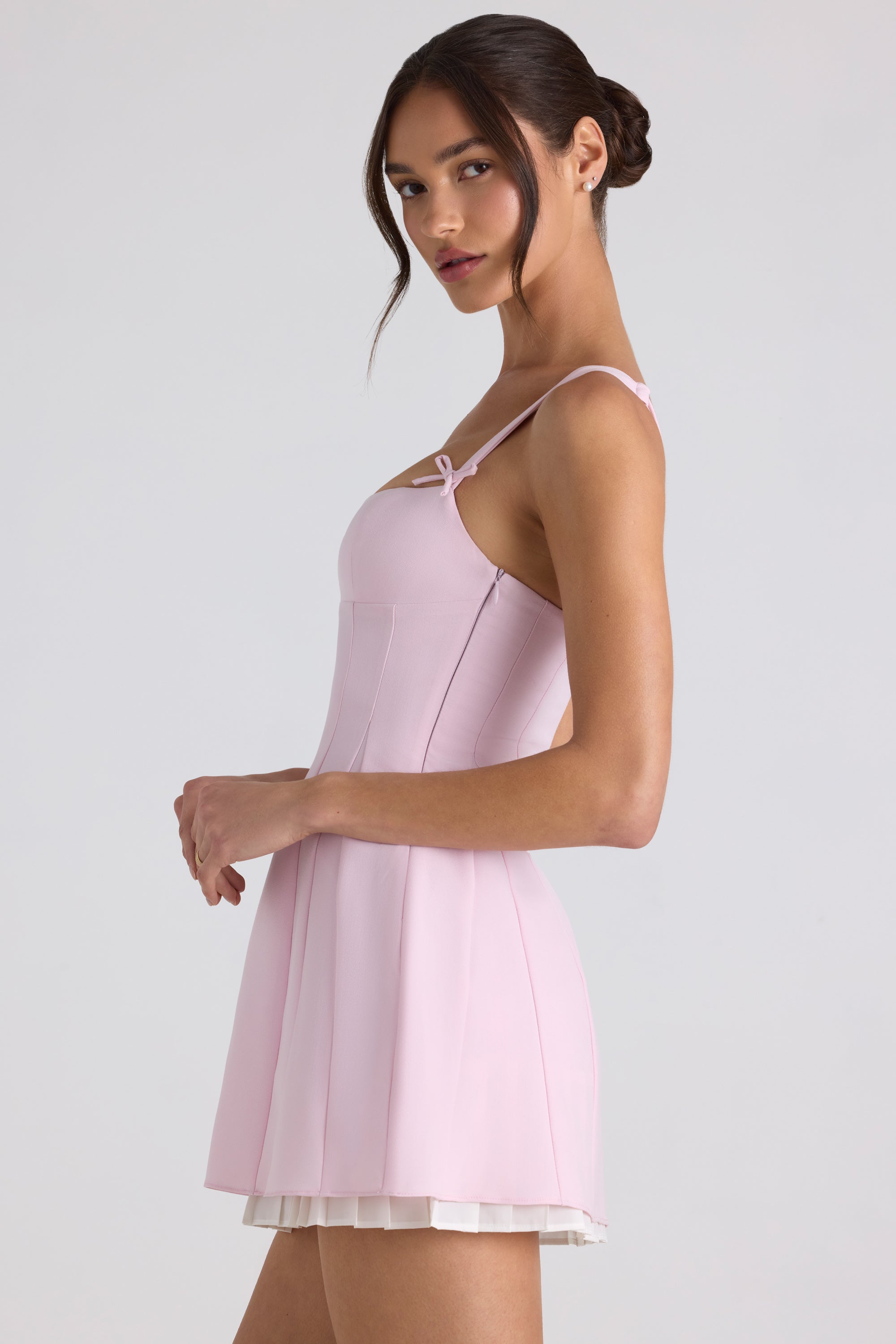 Cressida Bow-Embellished Pleated A-Line Mini Dress in Soft Pink
