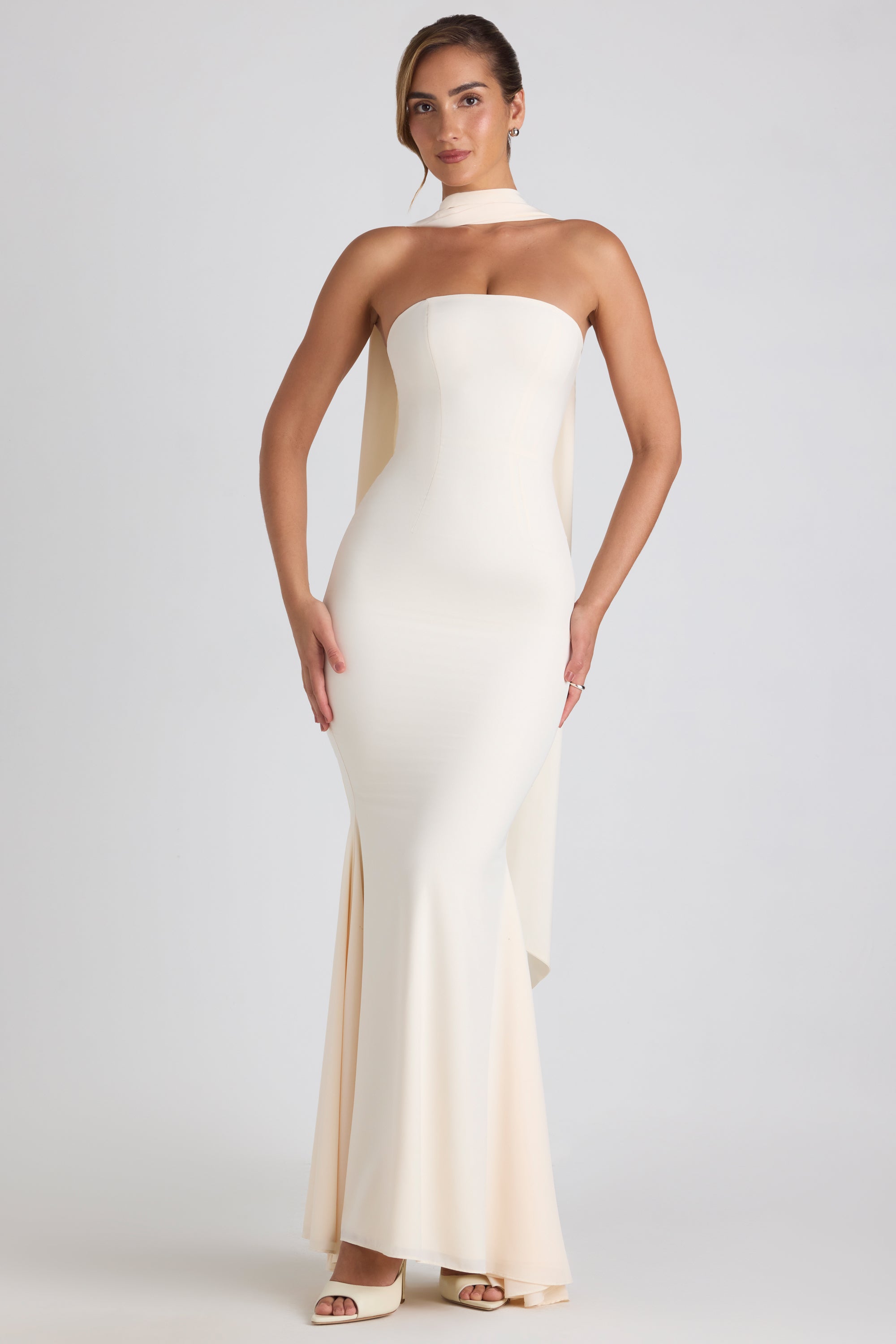 Imogene Scarf Detail Strapless Gown in Ivory Oh Polly