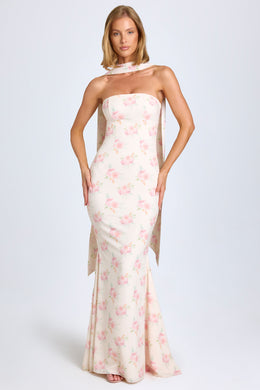 Scarf-Detail Strapless Gown in Large Rose Print