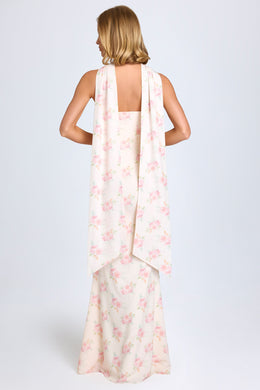 Scarf-Detail Strapless Gown in Large Rose Print