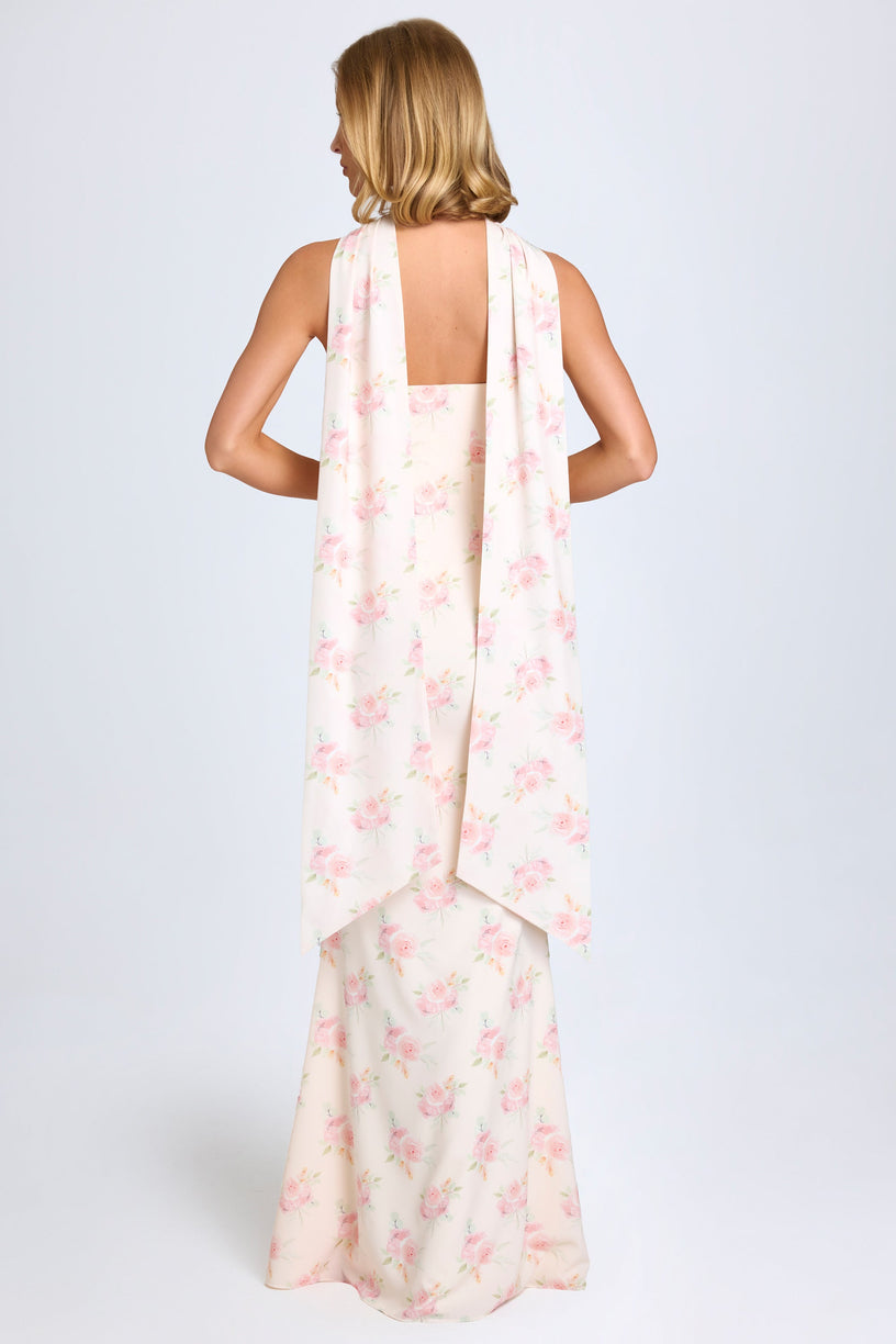 Scarf-Detail Strapless Gown in Large Rose Print - 2
