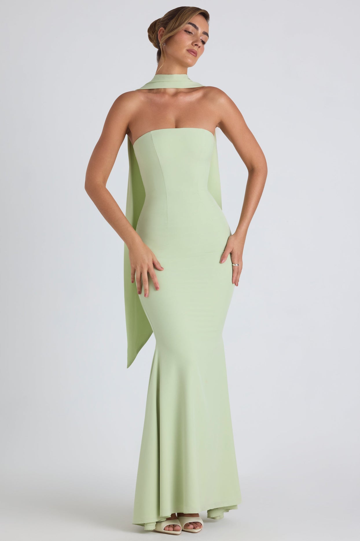 Scarf-Detail Strapless Gown in Spring Green Scarf-Detail Strapless Gown in Spring Green