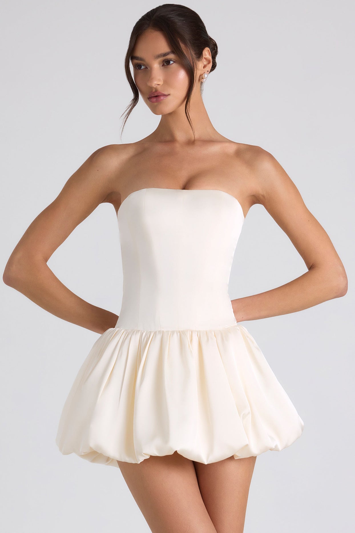 Fabiola Lace-Up Bubble Hem Corset Mini Dress in Ivory Oh Polly
