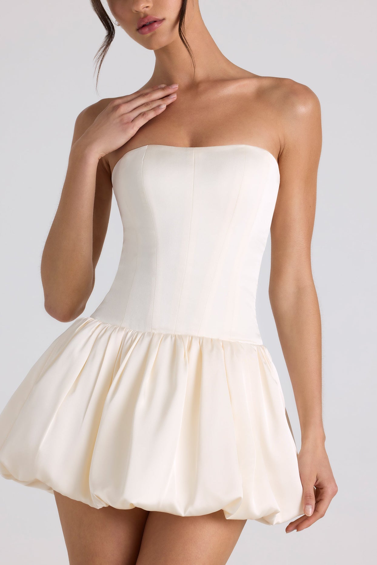 Lace-Up Bubble Hem Corset Mini Dress in Ivory