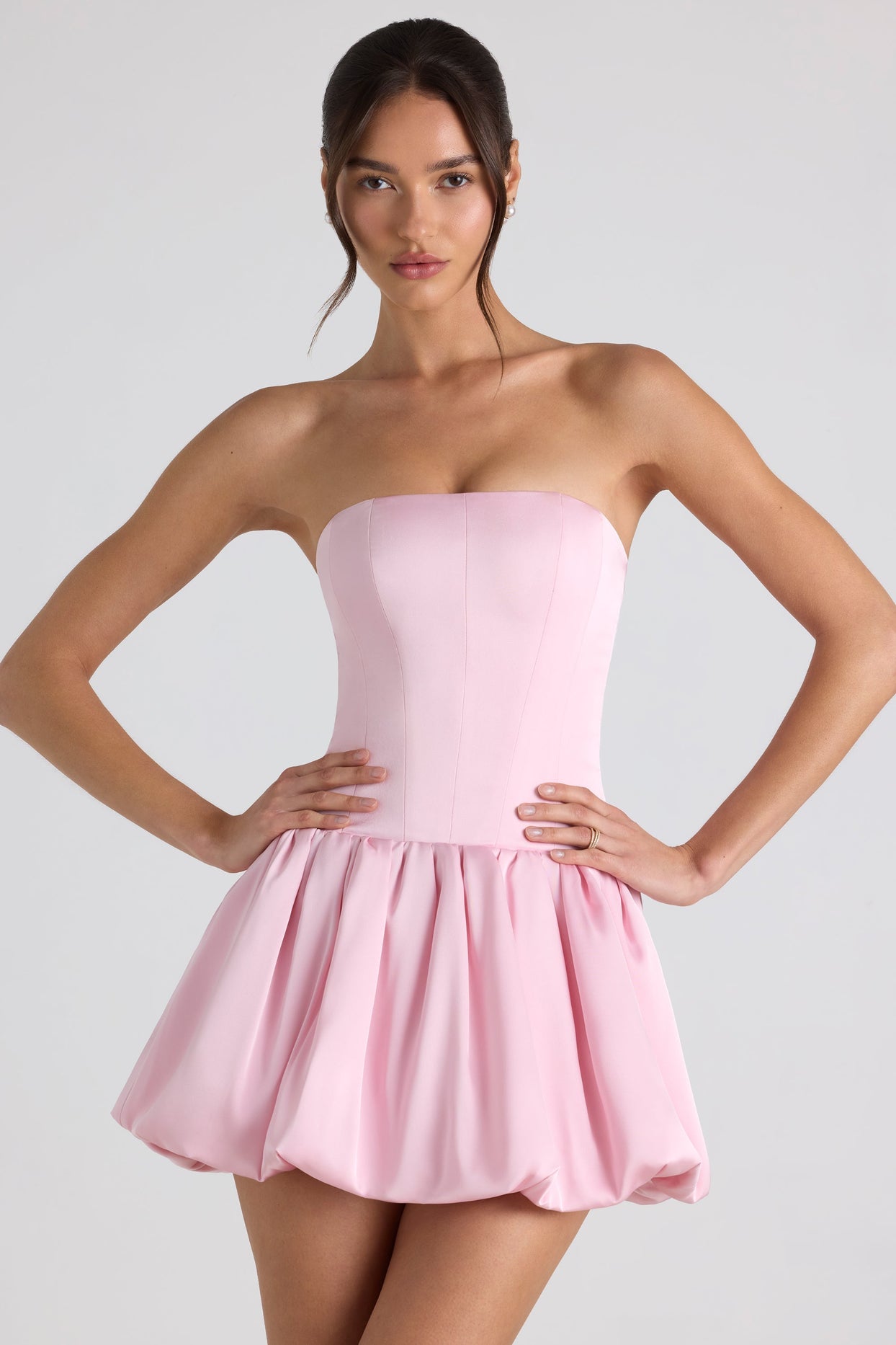Lace-Up Bubble Hem Corset Mini Dress in Soft Pink Lace-Up Bubble Hem Corset Mini Dress in Soft Pink