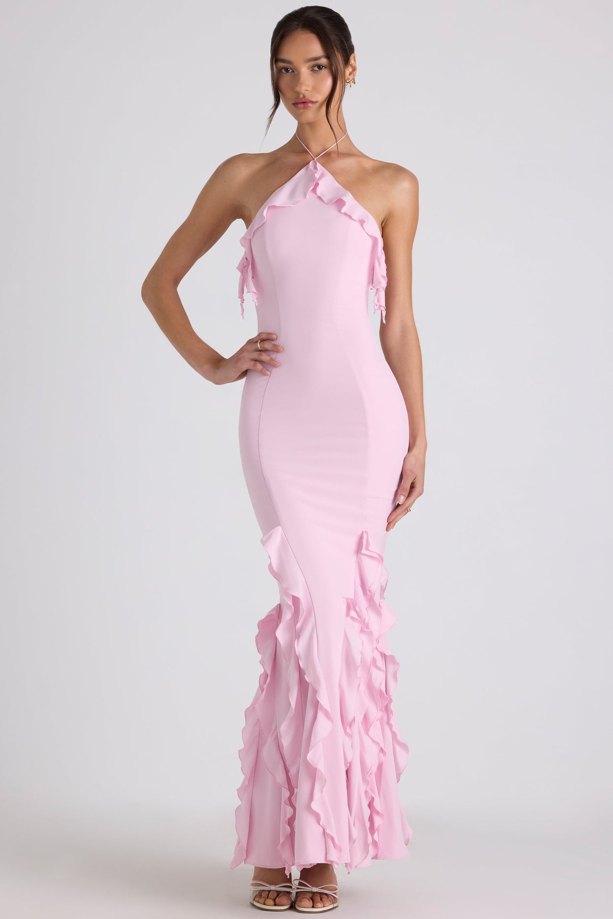 Ruffle-Trim Halterneck Gown in Soft Pink Ruffle-Trim Halterneck Gown in Soft Pink
