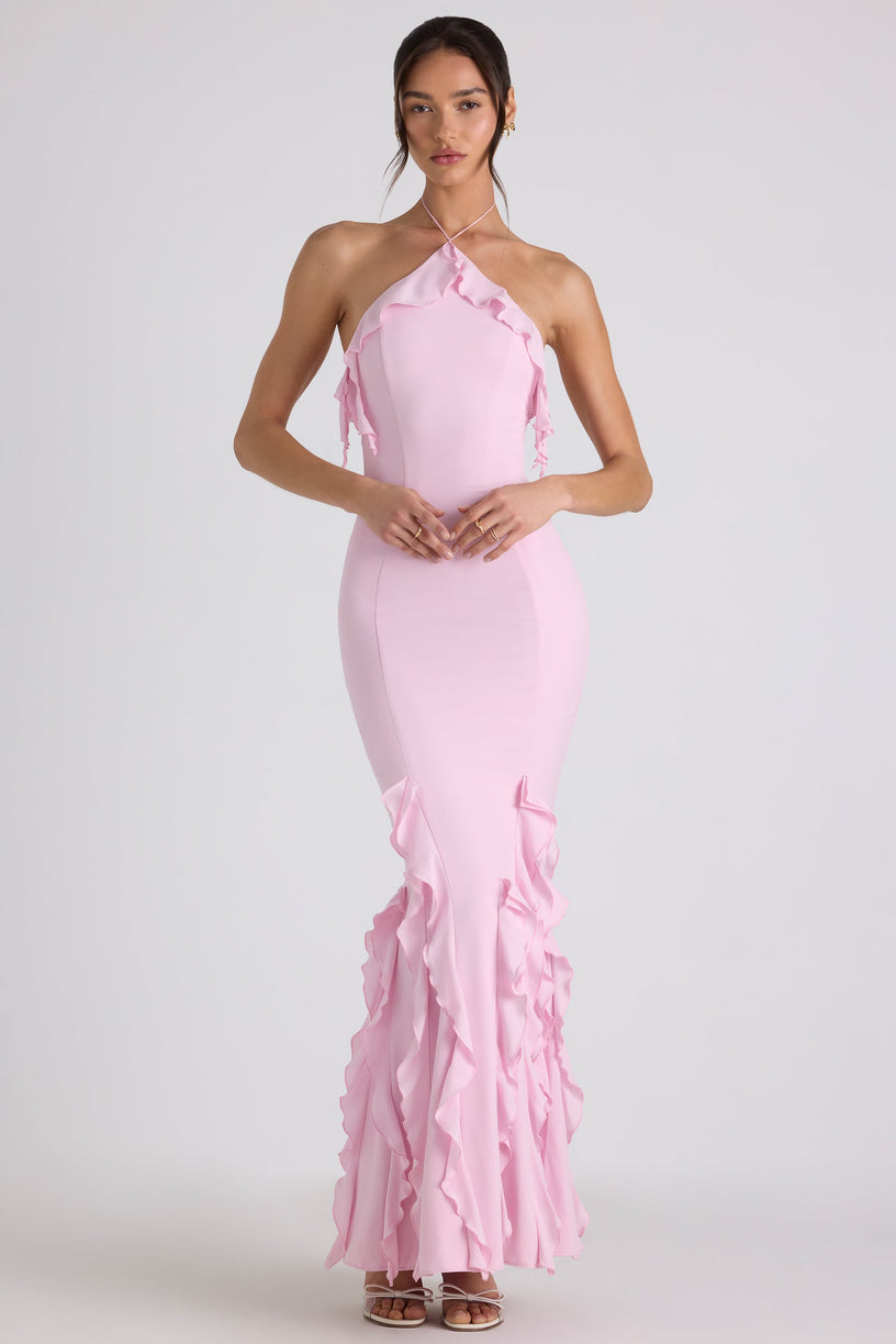 Ruffle-Trim Halterneck Gown in Soft Pink - 1