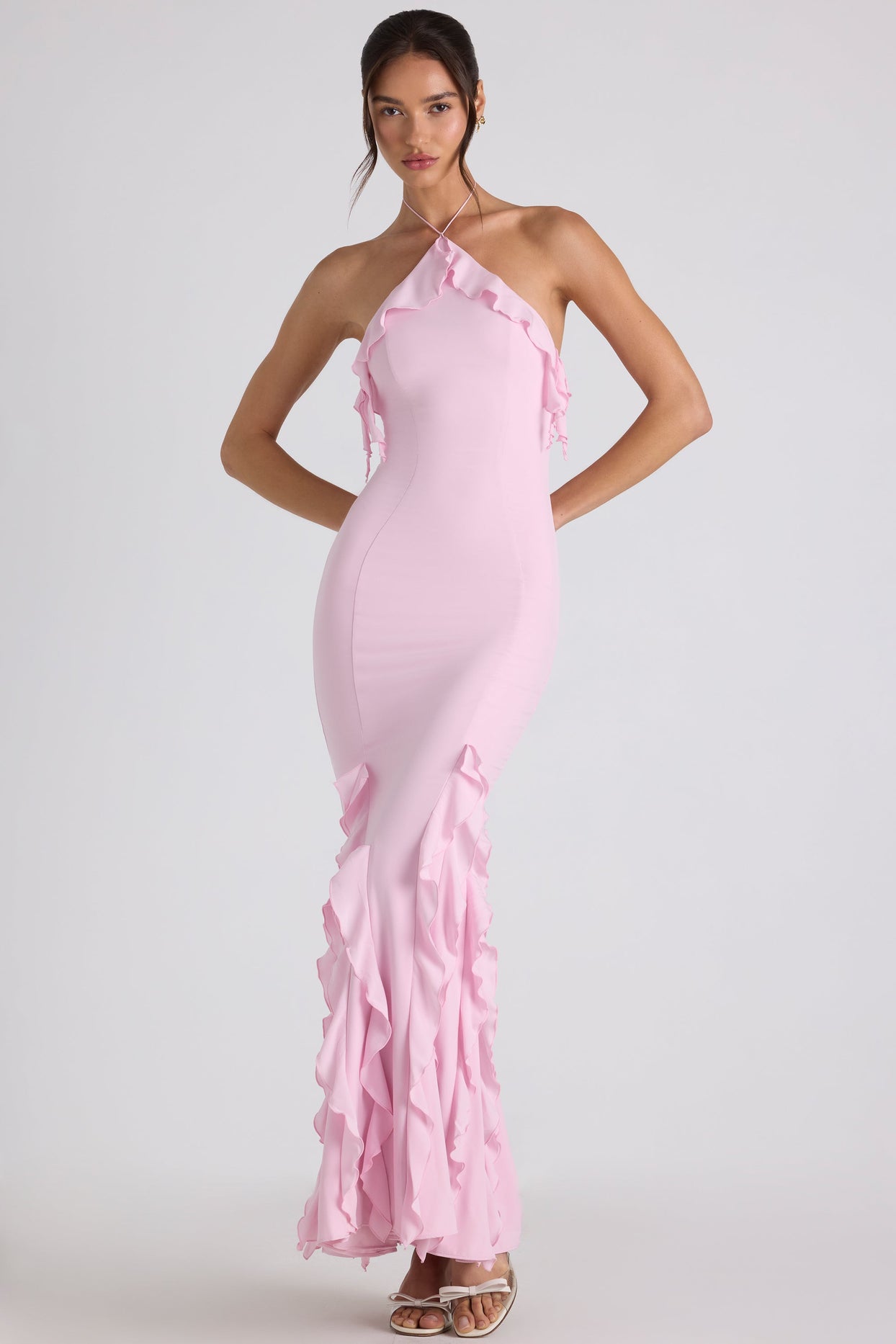Mireya Ruffle-Trim Halterneck Gown in Soft Pink | Oh Polly Mireya Ruffle-Trim Halterneck Gown in Soft Pink | Oh Polly