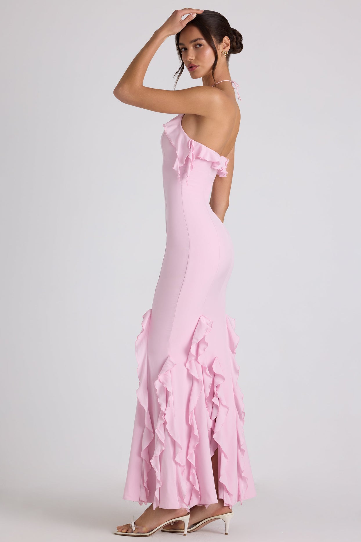 Ruffle-Trim Halterneck Gown in Soft Pink Ruffle-Trim Halterneck Gown in Soft Pink