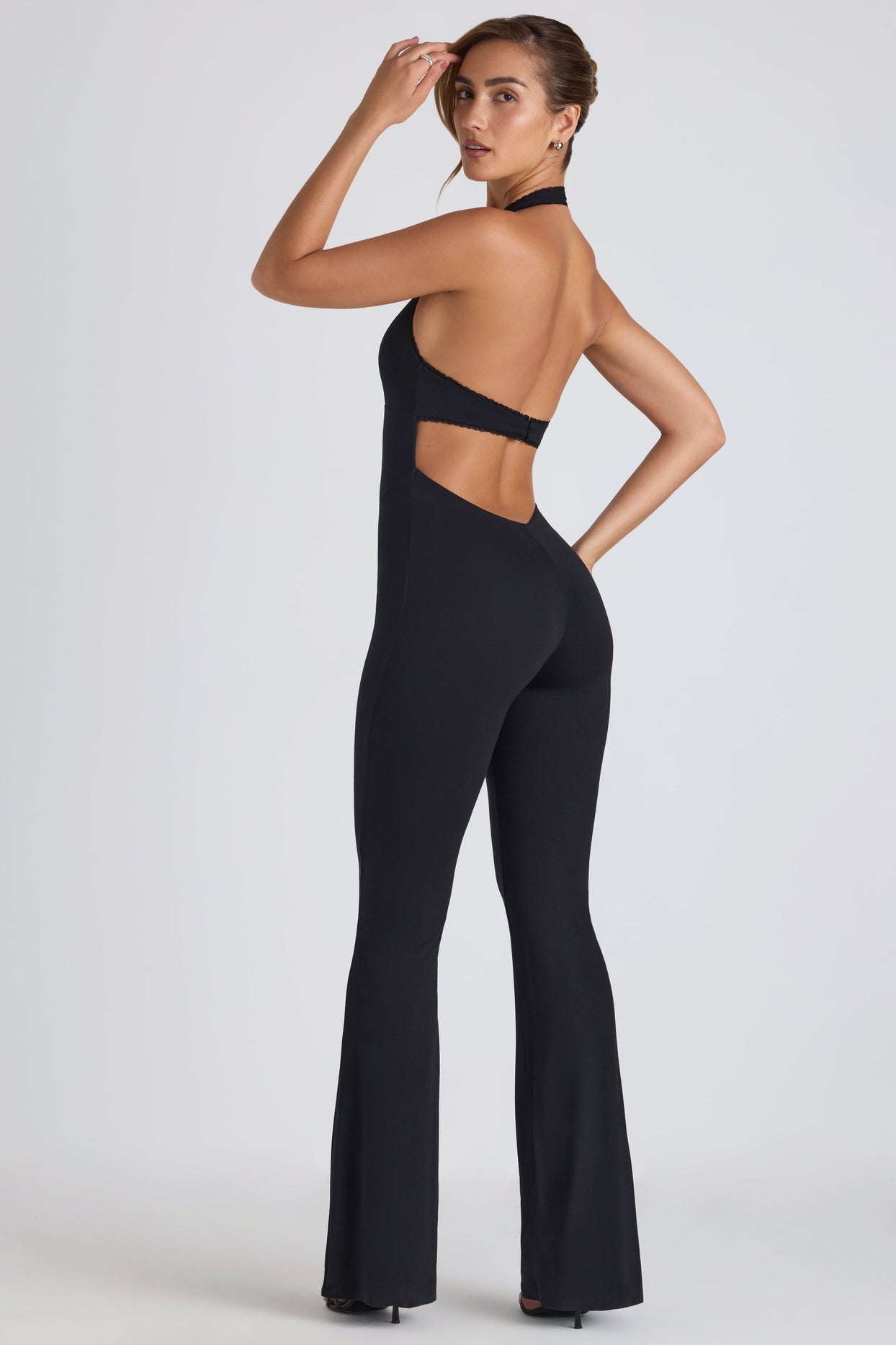 Petite Modal Lace-Trim Cut-Out Flared Jumpsuit in Black