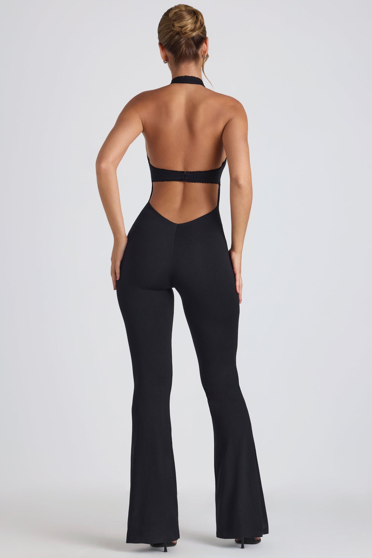 Petite Modal Lace-Trim Cut-Out Flared Jumpsuit in Black