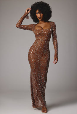 Sheer Embellished Long Sleeve Evening Gown in Mocha