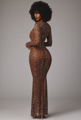 Sheer Embellished Long Sleeve Evening Gown in Mocha