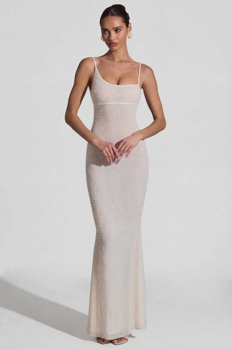 Oh Polly's Rona wearing the Duhamel Gown Length Dress in White Embellished fabric perfect for bridal showers