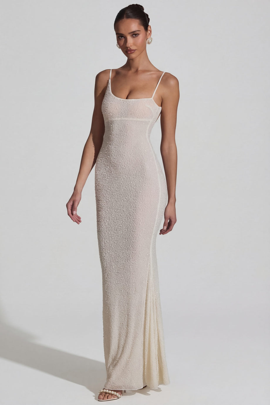 Oh Polly's Rona wearing the Duhamel Gown Length Dress in White Embellished fabric perfect for luxury dinners