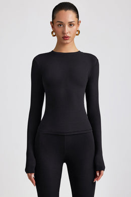 Ribbed Modal Crew Neck Top in Black