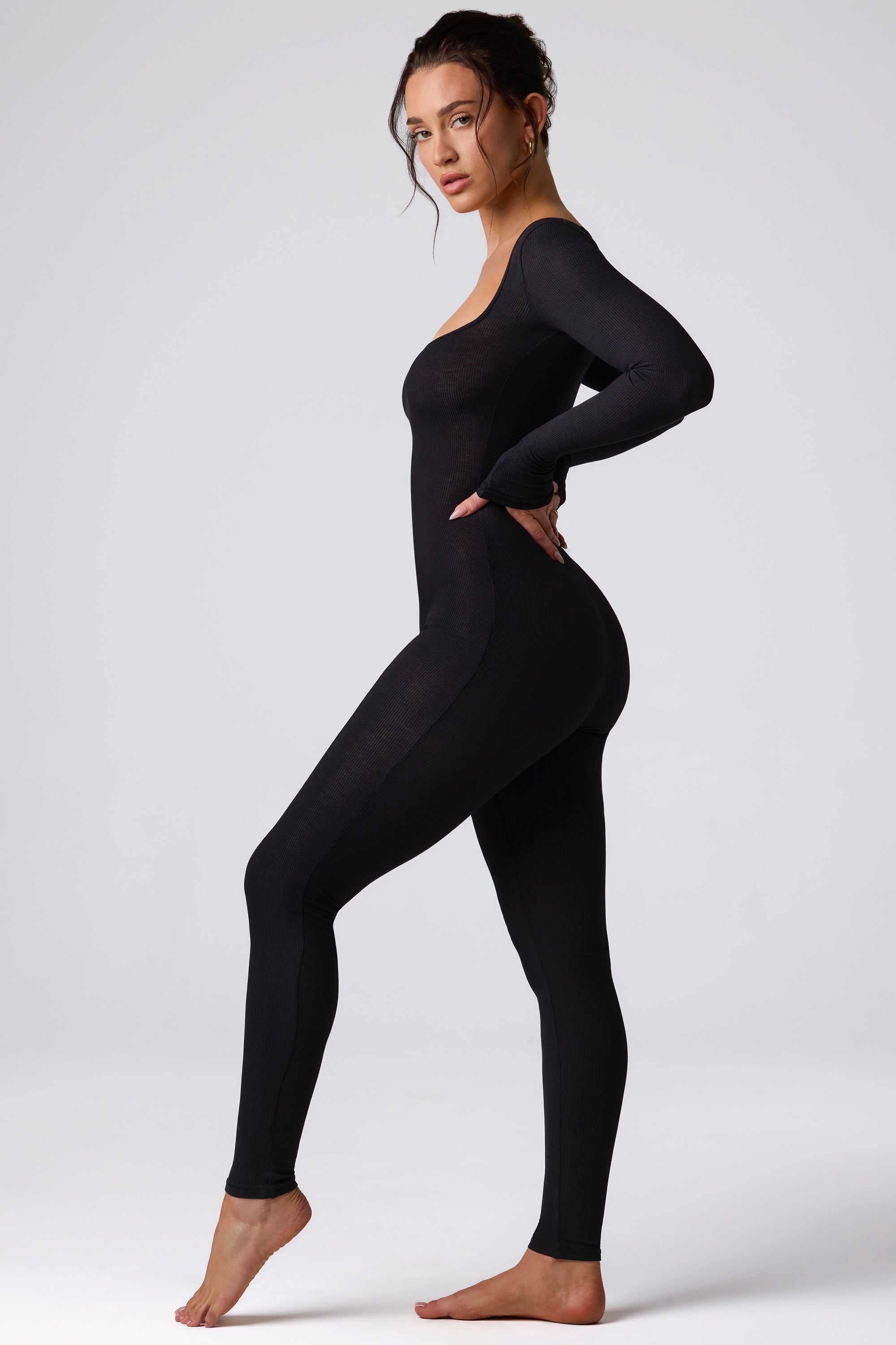 Tall Ribbed Modal Long Sleeve Jumpsuit in Black