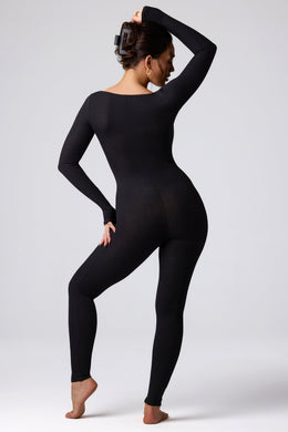 Tall Ribbed Modal Long Sleeve Jumpsuit in Black