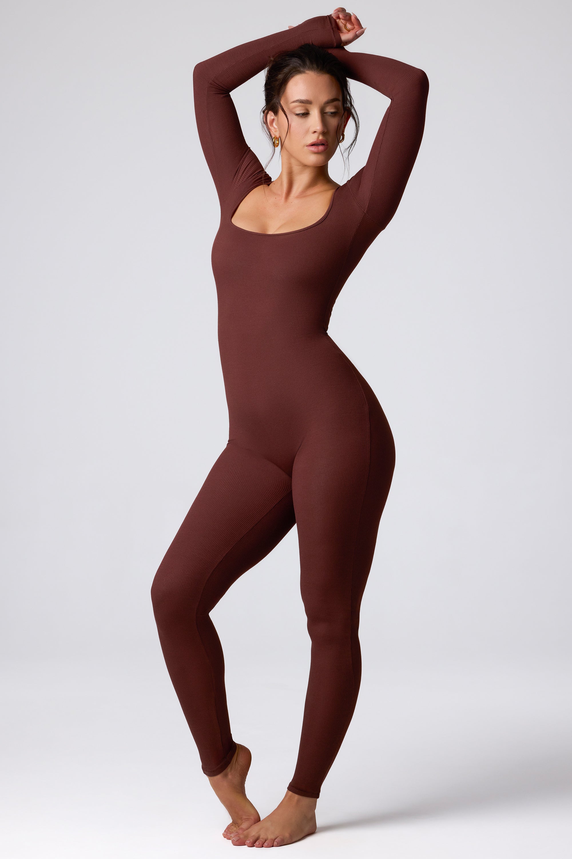 Petite Ribbed Modal Long Sleeve Jumpsuit in Espresso