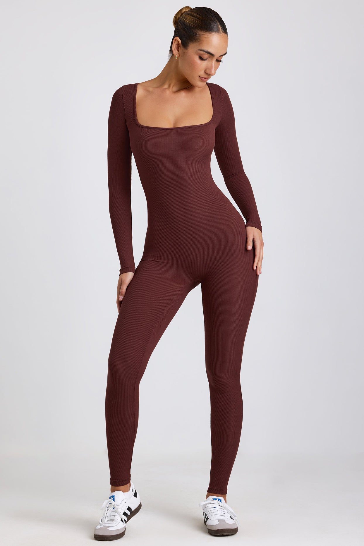 Ribbed Modal Long Sleeve Jumpsuit in Espresso