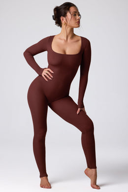 Petite Ribbed Modal Long Sleeve Jumpsuit in Espresso