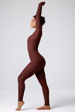 Petite Ribbed Modal Long Sleeve Jumpsuit in Espresso