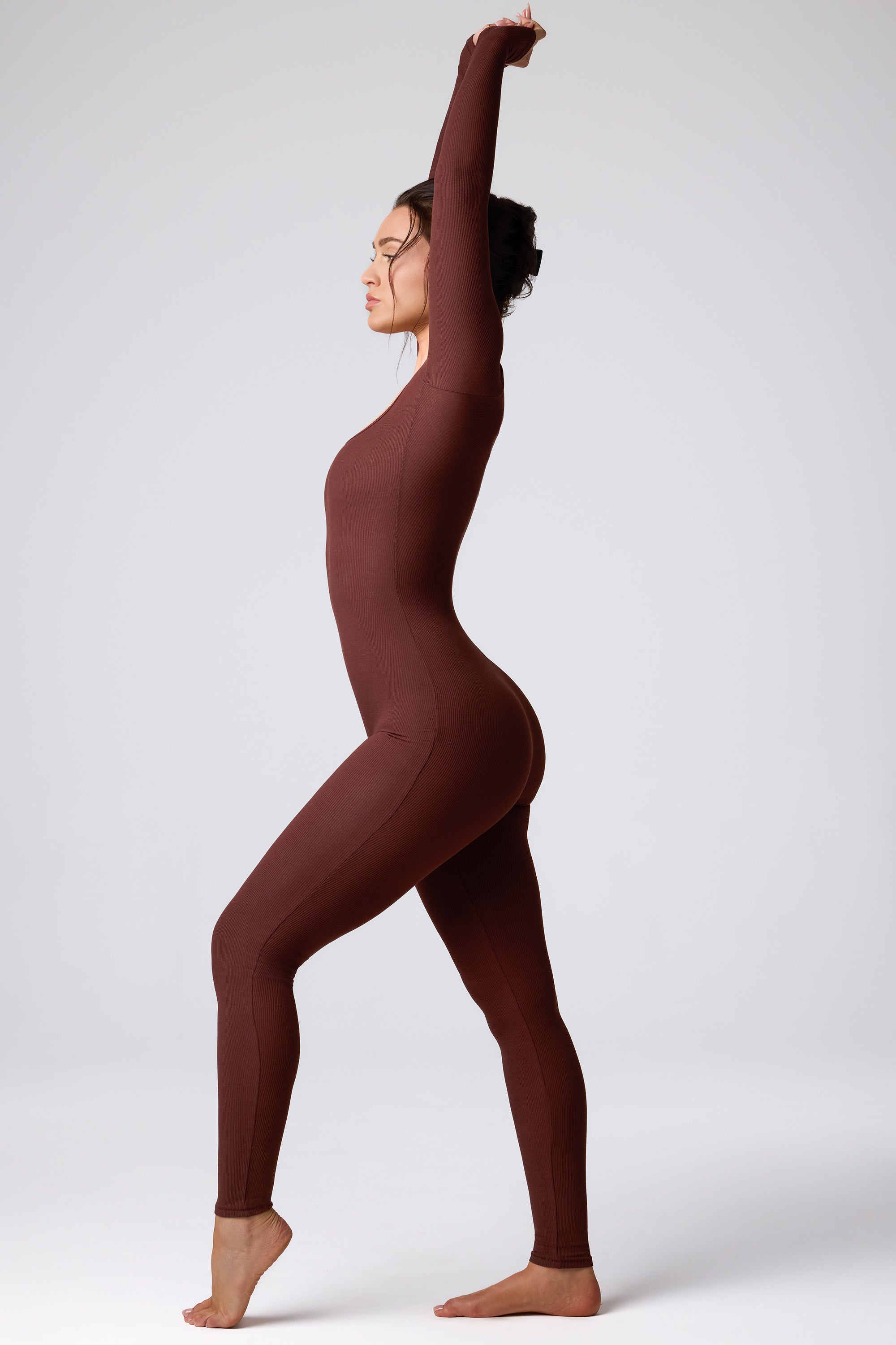 Tall Ribbed Modal Long Sleeve Jumpsuit in Espresso