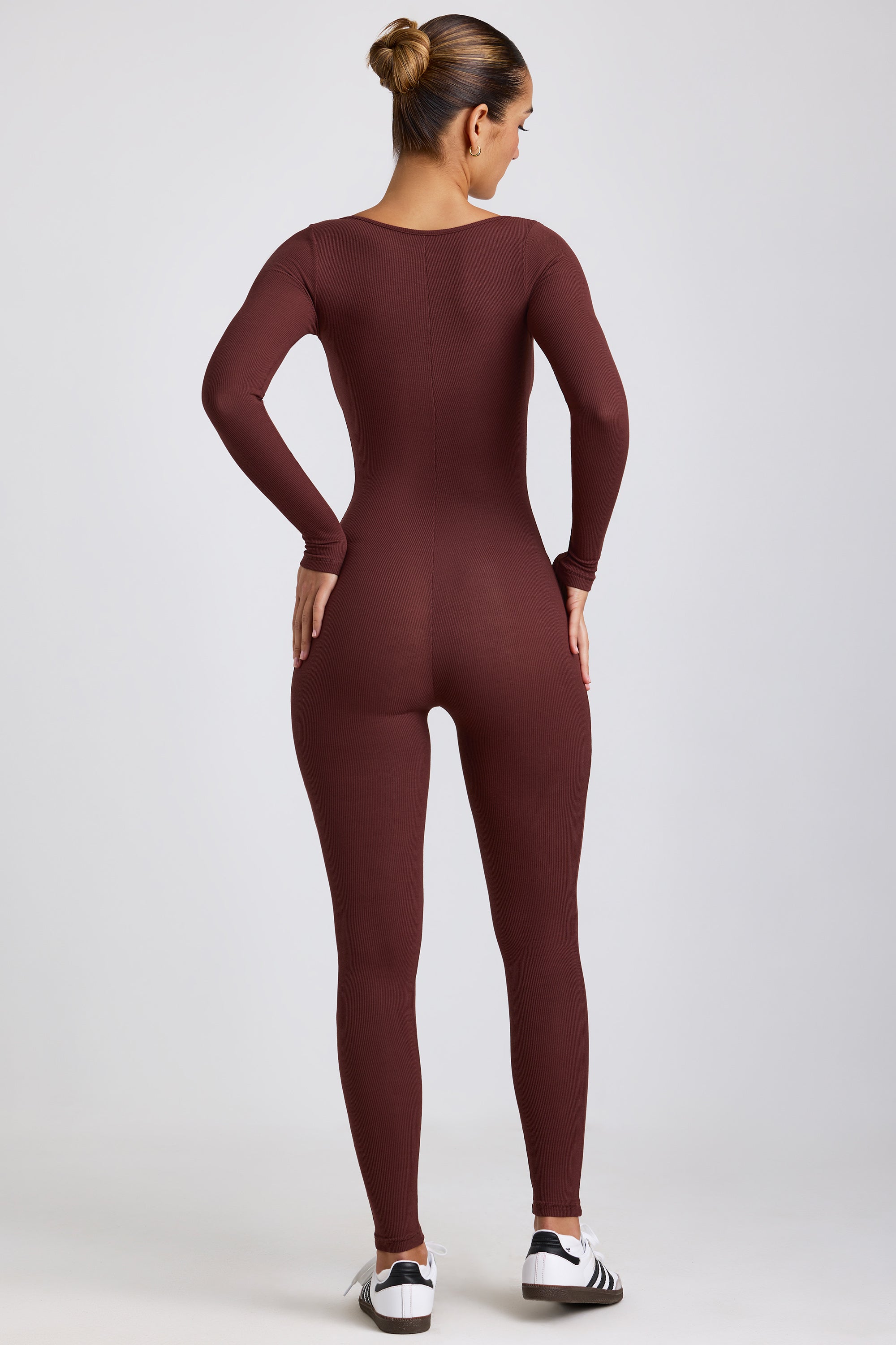 Iris Ribbed Modal Long Sleeve Square Neck Jumpsuit in Espresso Oh Polly