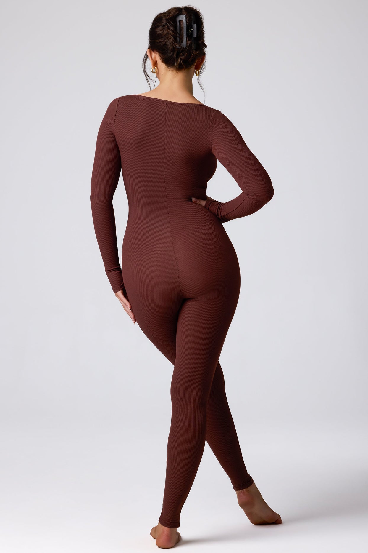 Tall Ribbed Modal Long Sleeve Jumpsuit in Espresso