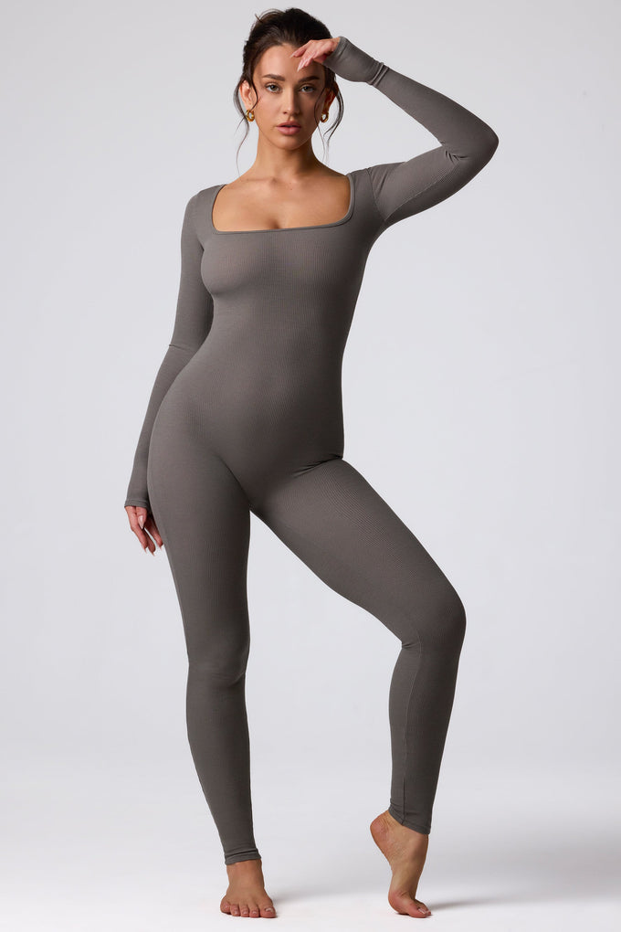Petite Ribbed Modal Long Sleeve Jumpsuit in Grey