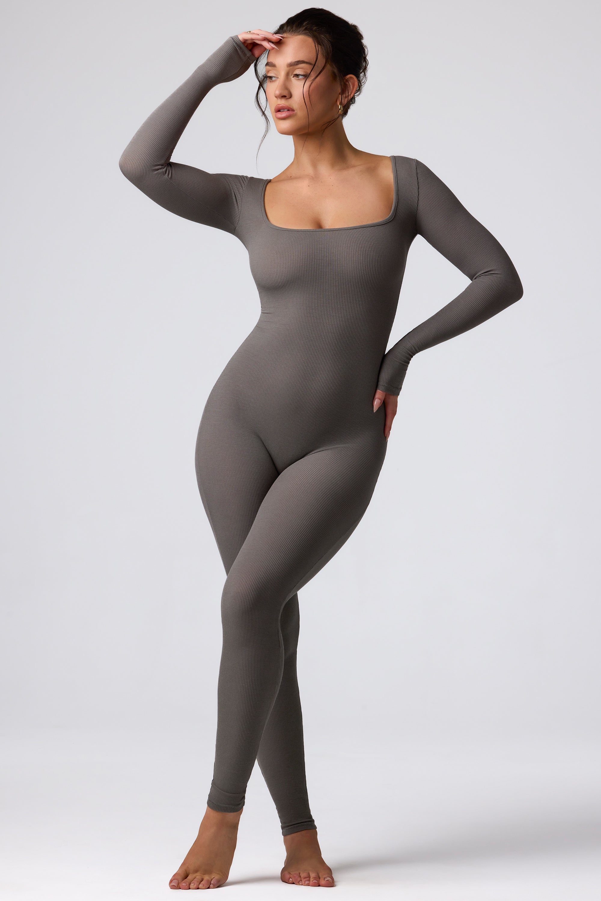 Petite Ribbed Modal Long Sleeve Jumpsuit in Grey