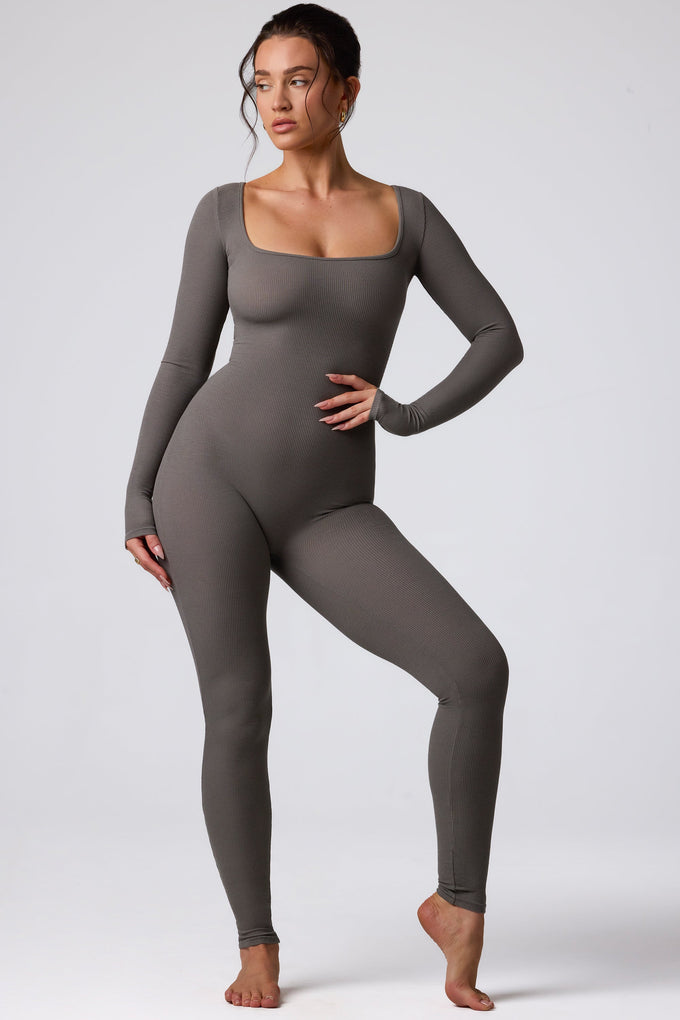 Tall Ribbed Modal Long Sleeve Jumpsuit in Grey