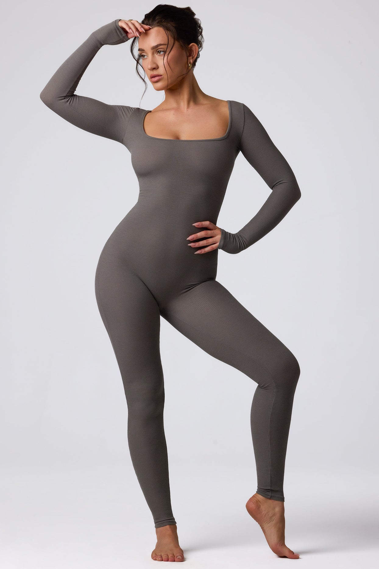 Tall Ribbed Modal Long Sleeve Jumpsuit in Grey