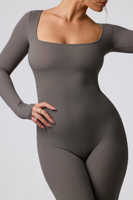 Tall Ribbed Modal Long Sleeve Jumpsuit in Grey