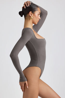 Ribbed Modal Long Sleeve Bodysuit in Grey