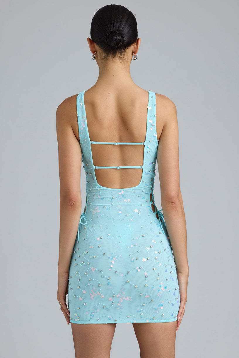 Embellished Lace-Up Mini Dress in Ice Blue - 2